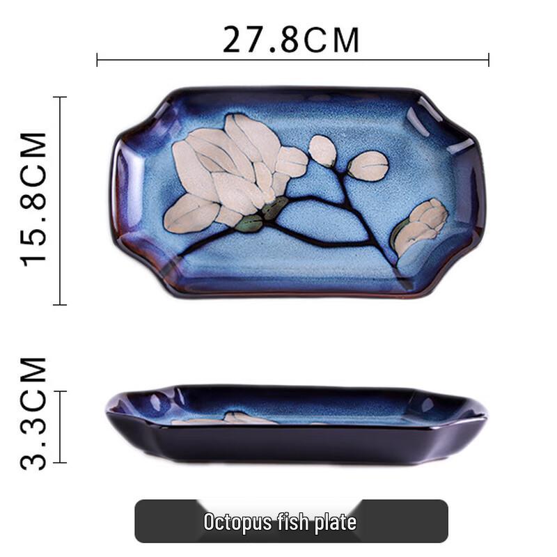 Hand-Painted Magnolia Kiln-Glazed Ceramic Octagonal Fish Plate