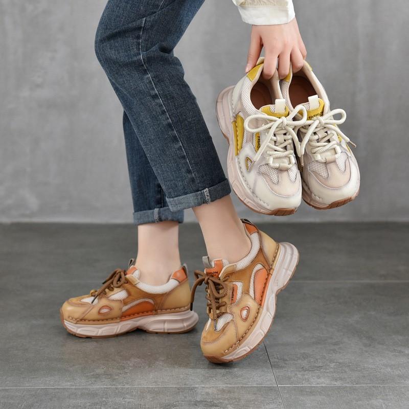 Fashion GKTINOO Genuine Leather Sports Style Casual Women's Shoes 2025 New Mixed Colors Lightweight Sole Lace Up Sneakers