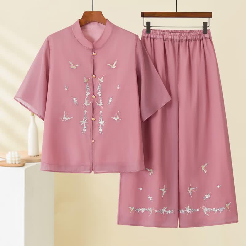 Langsha Mid-Aged Women's Embroidered Summer Two-Piece Set