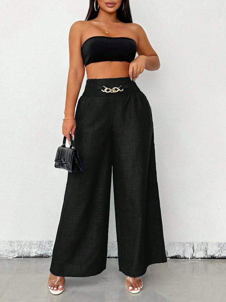 Women's Pleated Wide Leg Pants with Metal Fasteners Multi Color Casual Trousers