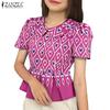 ZANZEA Women Doll Collar Summer Casual Short Sleeve Print Blouse