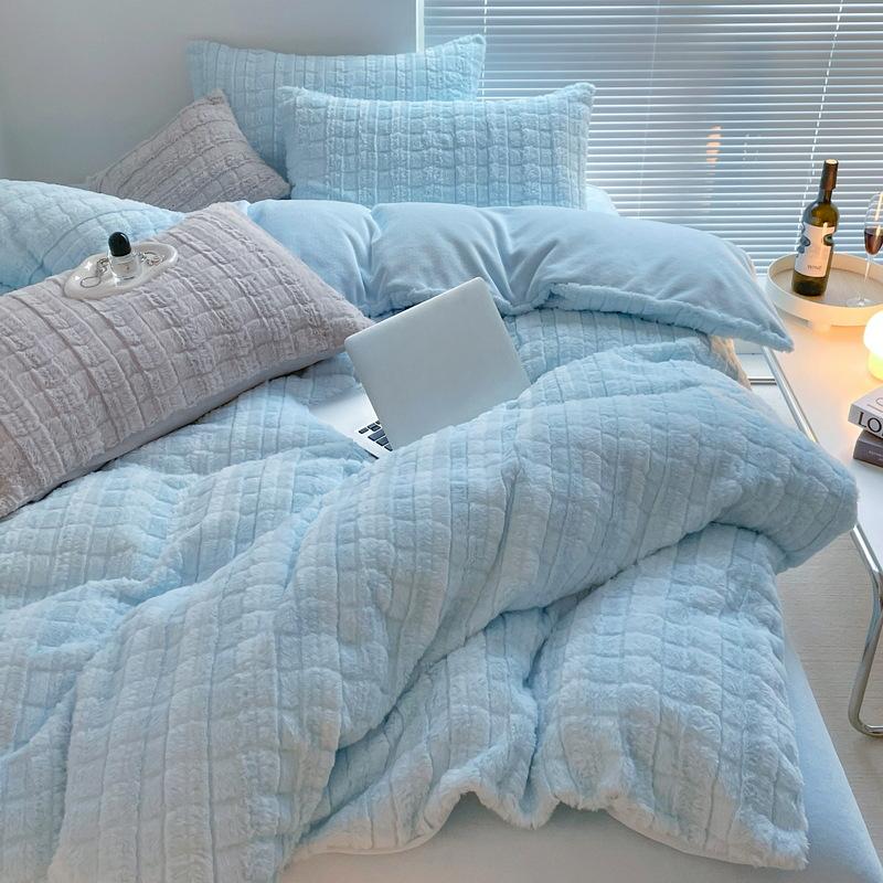 Solid Color Rabbit Hair Small Square Four-piece Set Milk Fleece Bed Sheet Thickened Quilt Cover Waffle Warm Three-piece Set