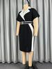 AOMEI V Neck Plus Size Women Dresses White Black Contrast Short Sleeve Bodycon Business Casual Office Dress with Belt