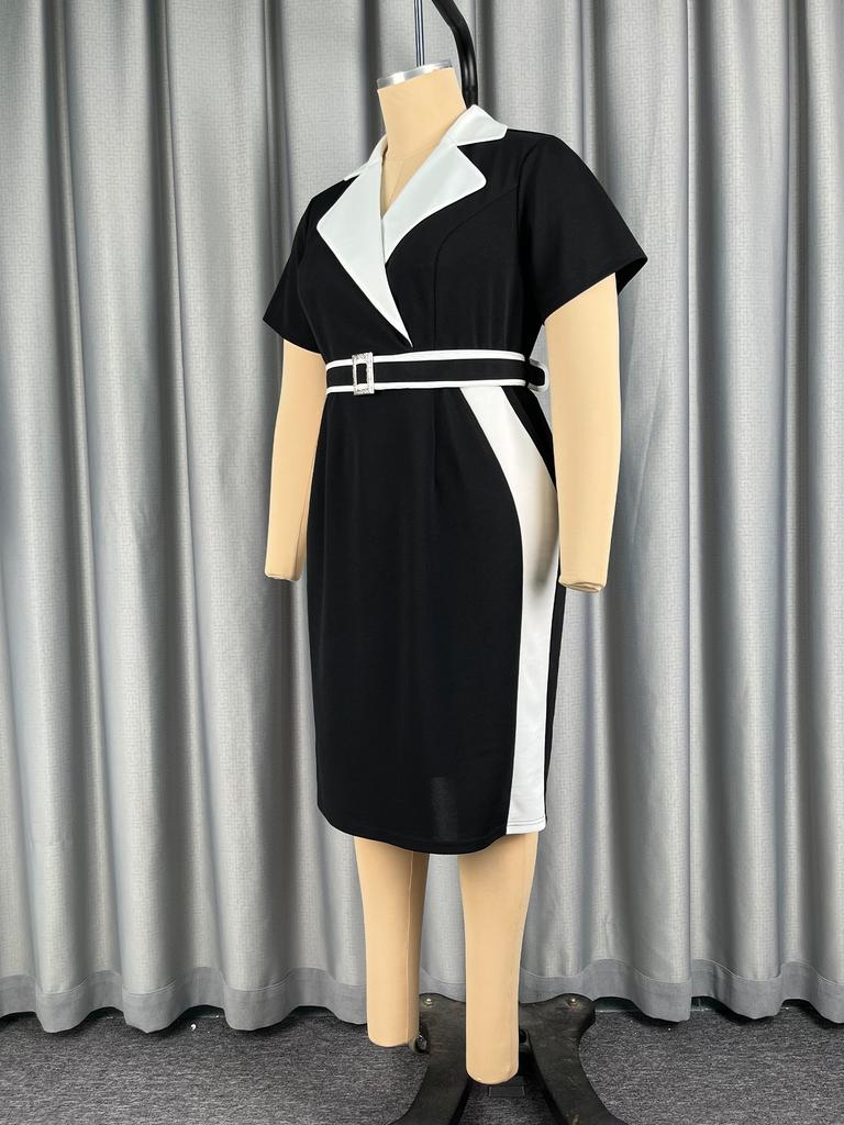 AOMEI V Neck Plus Size Women Dresses White Black Contrast Short Sleeve Bodycon Business Casual Office Dress with Belt