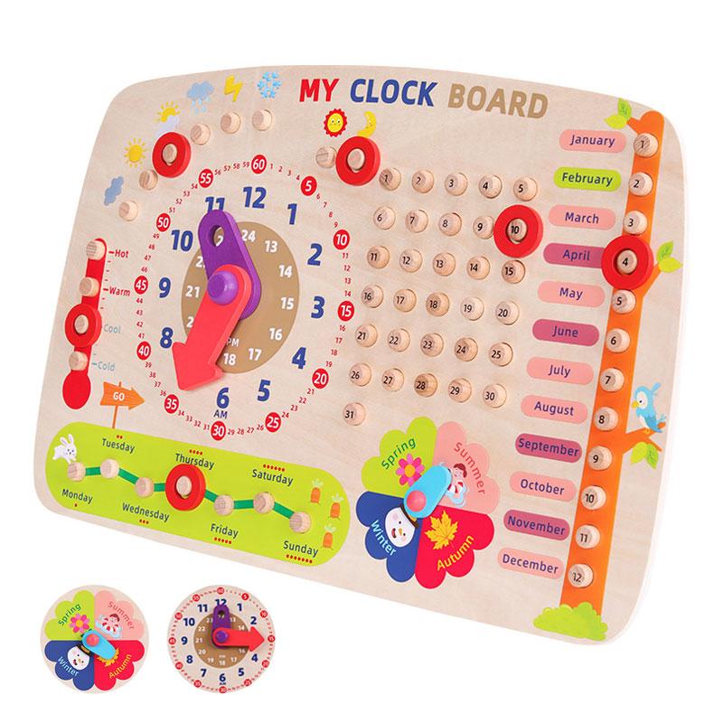 Children Calendar Clock Wooden Toys Montessori Parish Learning Time Activity Set Season Date Cognitive Learning Games for Kids