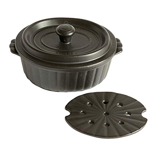 Saji Pottery Black Earthenware Pot, 18.5cm, Banko Ware, Water Lid, Waterless, Oval, with Drainboard, 57-80cm