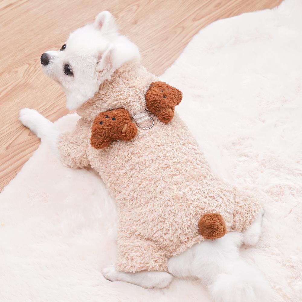Herbst Winter Bärenohren 4-beiniger Haustier-Onesie für kleine Hunde - Flauschige warme Welpen Kapuzenbekleidung (Niedlicher Teddy-Stil)