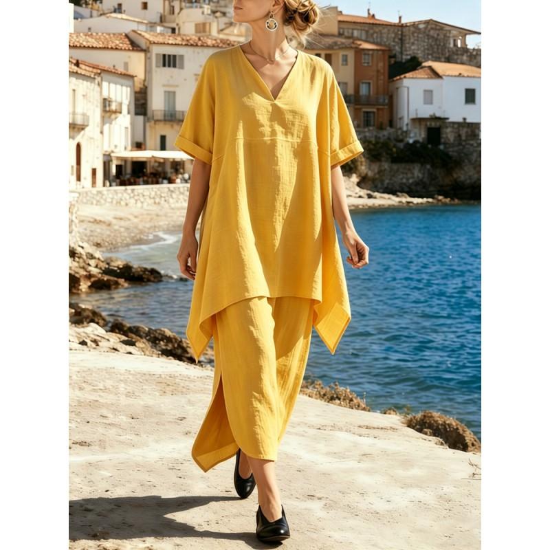 2026 Womens Cotton Blend Casual V-Neck Short Sleeve Maxi Skirt Set In Solid Colors