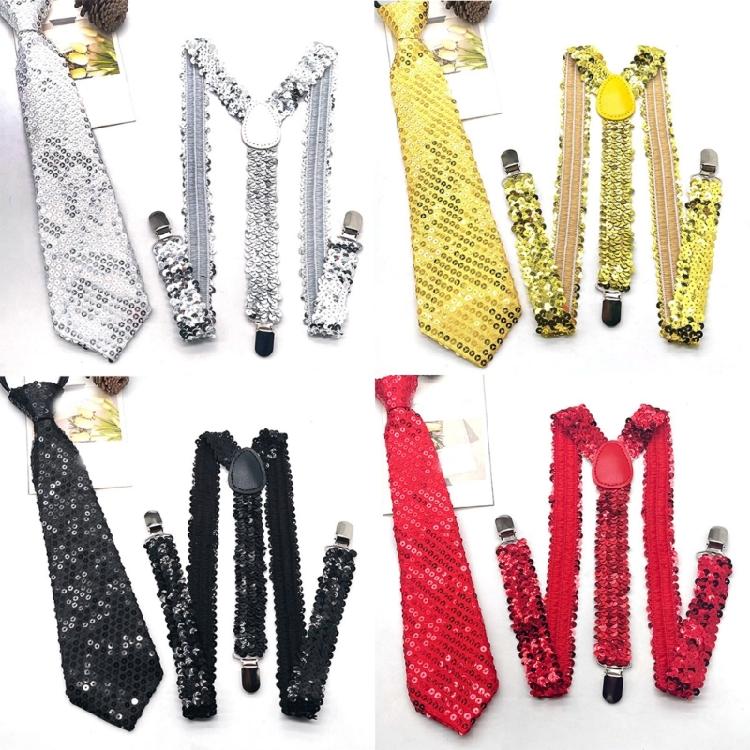 Stylish Sequined Suspenders for Men with Neck Tie Multiuse Costume Accessory Brace for Weddings and Holiday Celebration