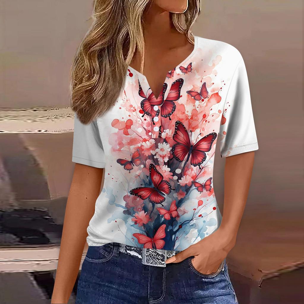 Dámské tričko s potiskem, knoflíky, krátký rukáv, denní, víkendová móda, základní V-výstřih, běžný top