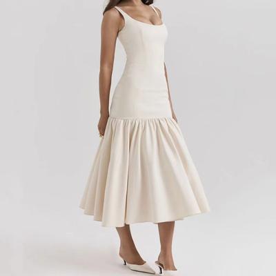 Women Evening Dress Ruffle Hem Big Swing Slim Fit Backless Sleeveless Solid Color Low-cut Pleated Prom Party Mid-calf Length Midi Dress