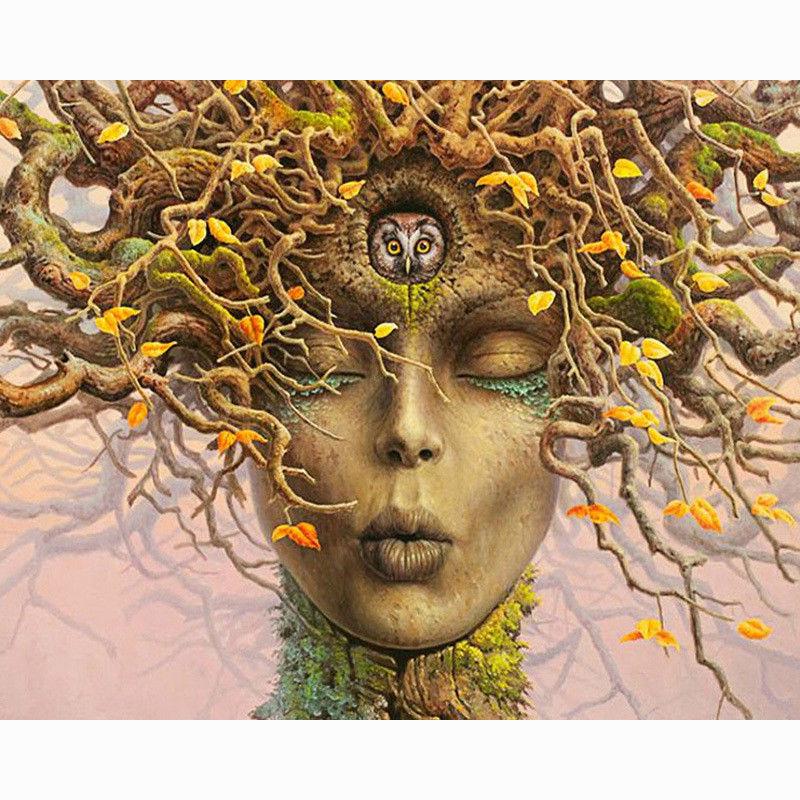 Elmas Boyama Soyut Portre Ağaç Çapraz Dikiş Dekoratif Elmas Nakış Yuvarlak Taklidi