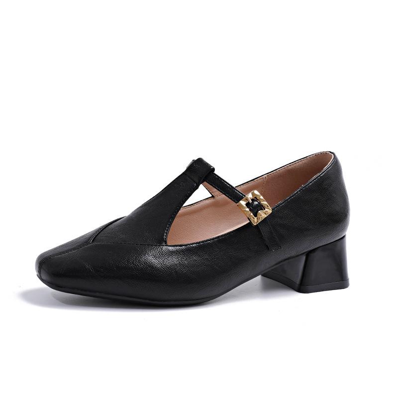Retro thick heel Mary Jane shoes women's 2025 autumn new one-word with square head single shoes with skirt low heel grandma shoes