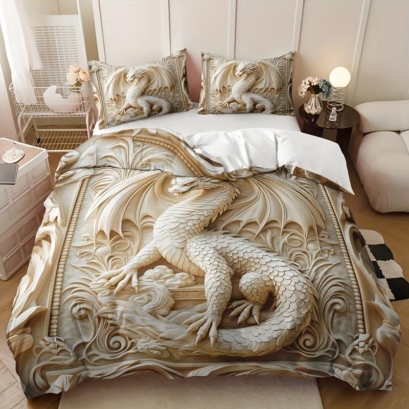 3-teiliges Drachen-Totem-Bettbezug-Set, HD-Digitaldruck, atmungsaktive Polyester-Bettwäsche mit Kissenbezügen, Ganzjahreskomfort für Zuhause