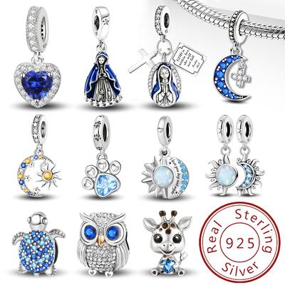 925 Silver Blue Owl Cross Sun Moon Stars Charms Bead for DIY Bracelet Making High Quality Fine Jewelry Gift for Women