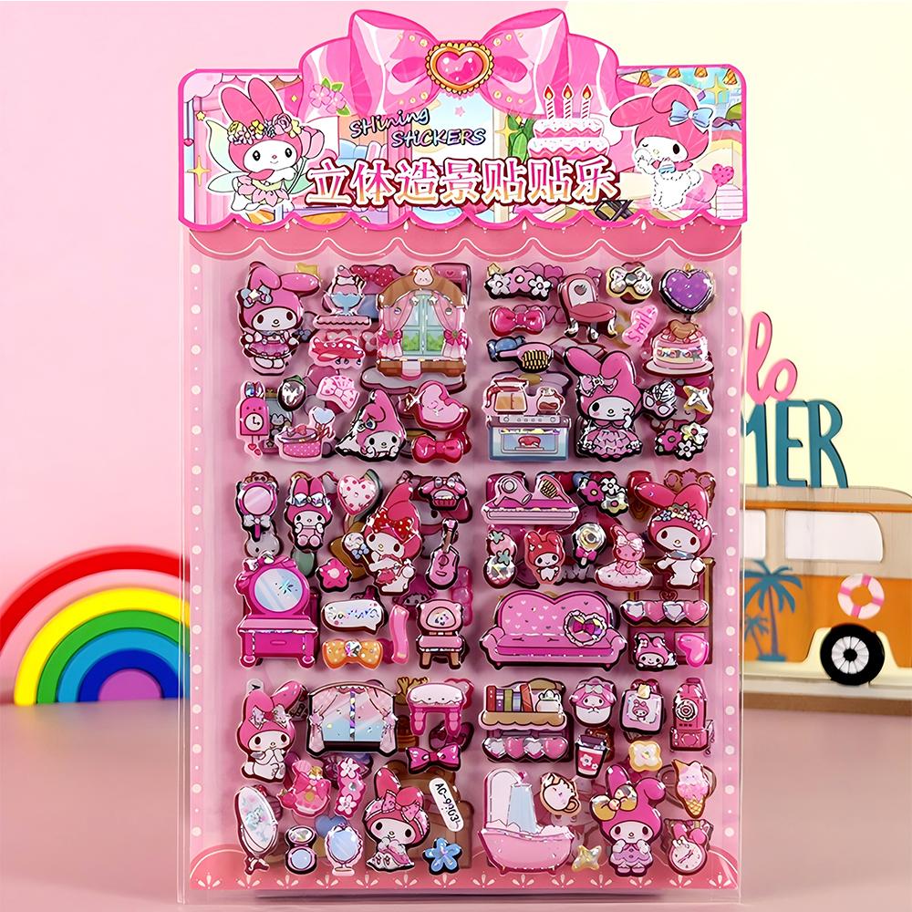 Double Layered Cinnamoroll Kuromi Melody 3D Bubble Stickers Kawaii Sanrio Puffy Sticker Waterproof Cute Cartoon Reward Decals