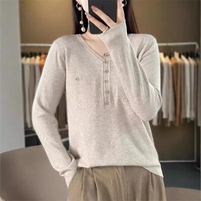 Nuevo jersey de punto de manga larga para otoño, jersey de cuello en V, suéter fino holgado, jersey para llevar debajo, top de jersey de otoño