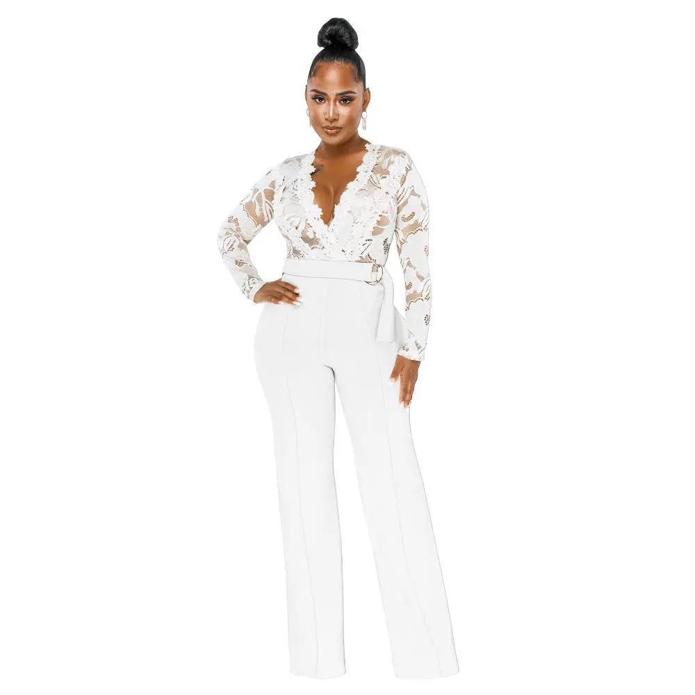 Elegant V-Neck Lace Slim Fit See-Through Jumpsuit