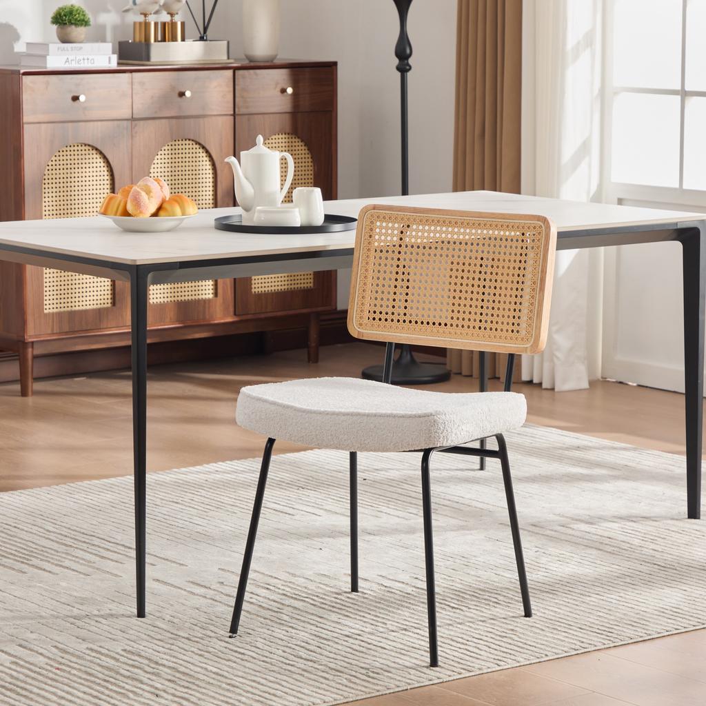 Modern Dining Chair, Set of 2, Chenille Upholstery, Without Armrests, Solid Wood Frame On the Backrest, Rattan Look, Adjustable Metal Feet-Ivory
