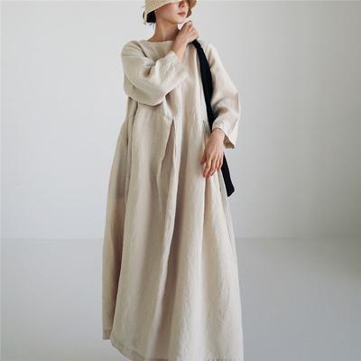Losse Plus Size Vrouwen Katoen Linnen Stijl Ronde Hals Pullover Effen Kleur Knielange Jurk Grote Swing Jurk