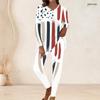 Women Plus Size Round Neck Long Sleeve Red White Blue Flag Printed Longline Top Fitted Pants Two Piece Set