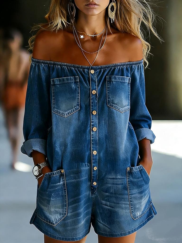 Women Off Shoulder Button Up Romper Long Sleeve Lapel Playsuit With Pockets Solid Color Casual Loose Fit Jumpsuit