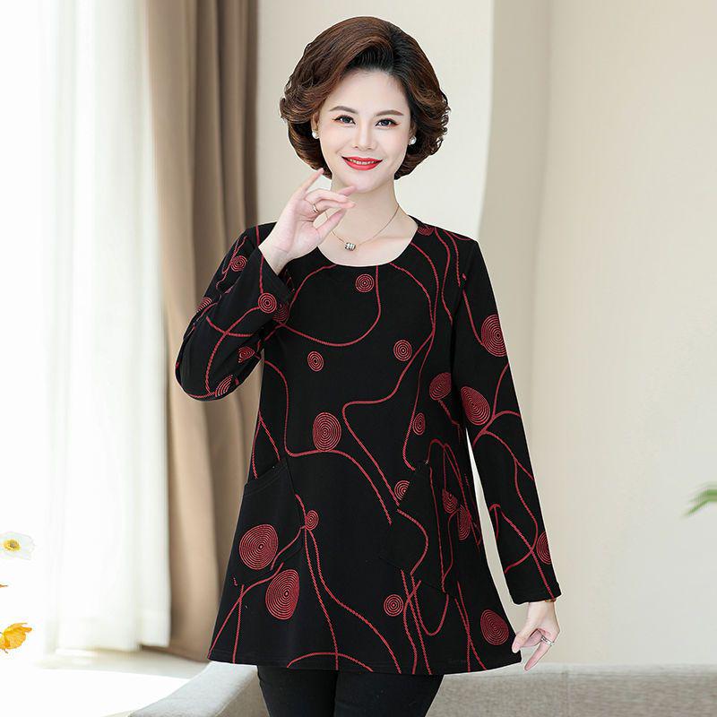 

Plus Size Autumn Long Sleeve T-Shirt - Loose Fit, Belly Covering Top for Middle-Aged Women (Up to 200 Jin) 2XL (125-145 jin)