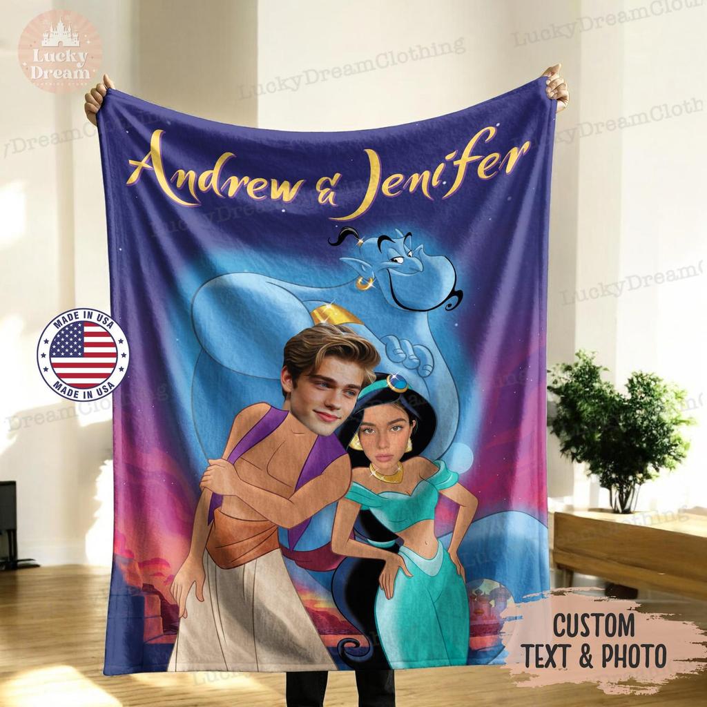 Disney Couple Custom Blanket, Custom Aladdin & Jasmine Blanket With Face, Personalized Blanket For Couple, Ideal Valentine's Day Present