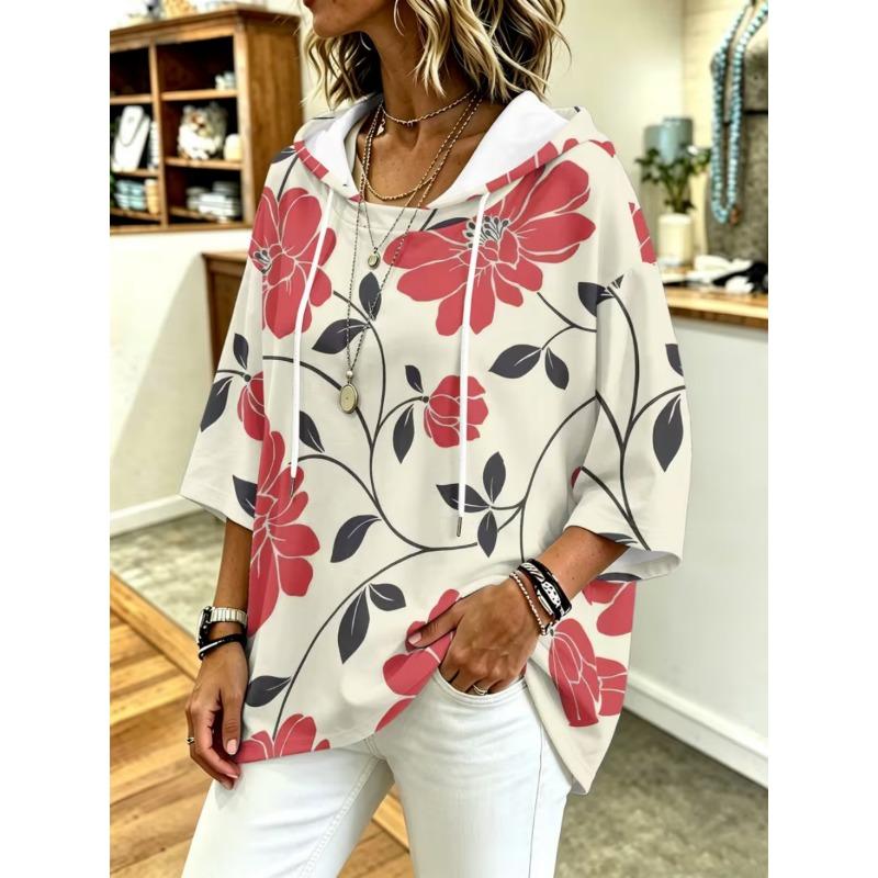 Damen Kapuzenpullover mit Dreiviertelärm, locker, Retro-Blumenmuster, lässiges Urlaubs-Top