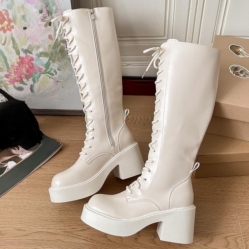 Platform Block Heel Single Shoes Women's Autumn New Round Toe Lace-Up Front Side-pull Anti-slip Wear-resistant Tall Boots