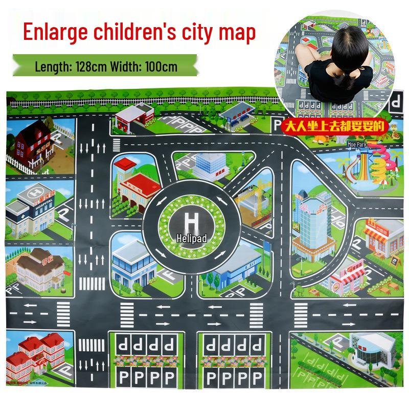 Children's City Traffic Play Mat with Small Alloy Cars - 130x100