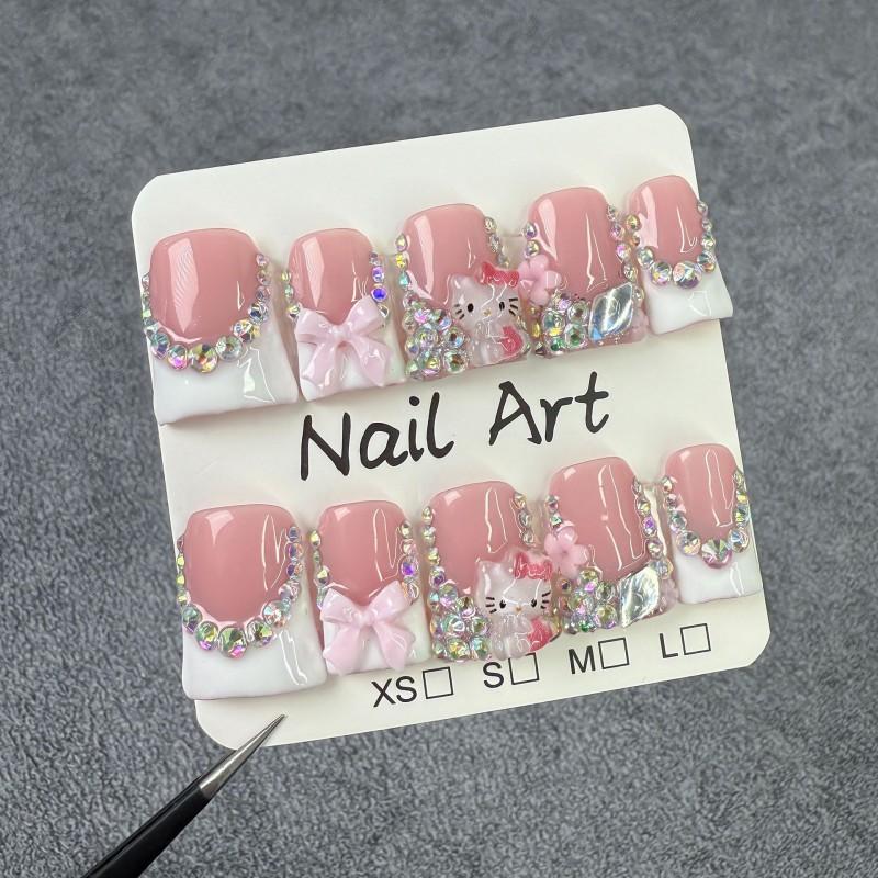 Sweet Kawaii Cat Butterfly Knot Press-On Nails Short Duckbill French Style Ice-Transparent Glitter Acrylic Tips