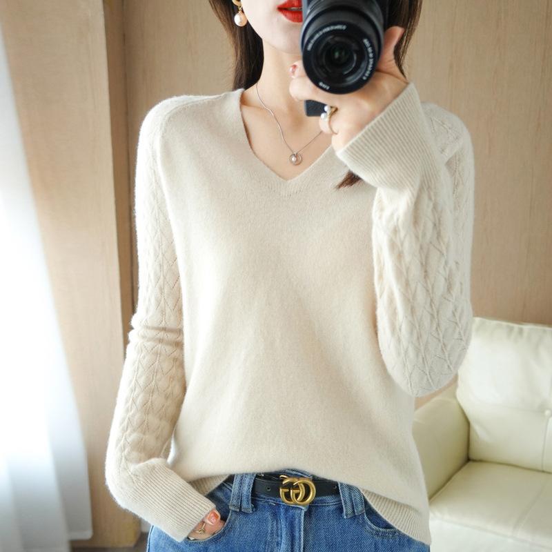 Hollow Out Sweater Women's Solid Color Autumn and Winter Base Sweater Long Sleeved Knitted Sweater Slim V-neck Pullover Trendy Sweater
