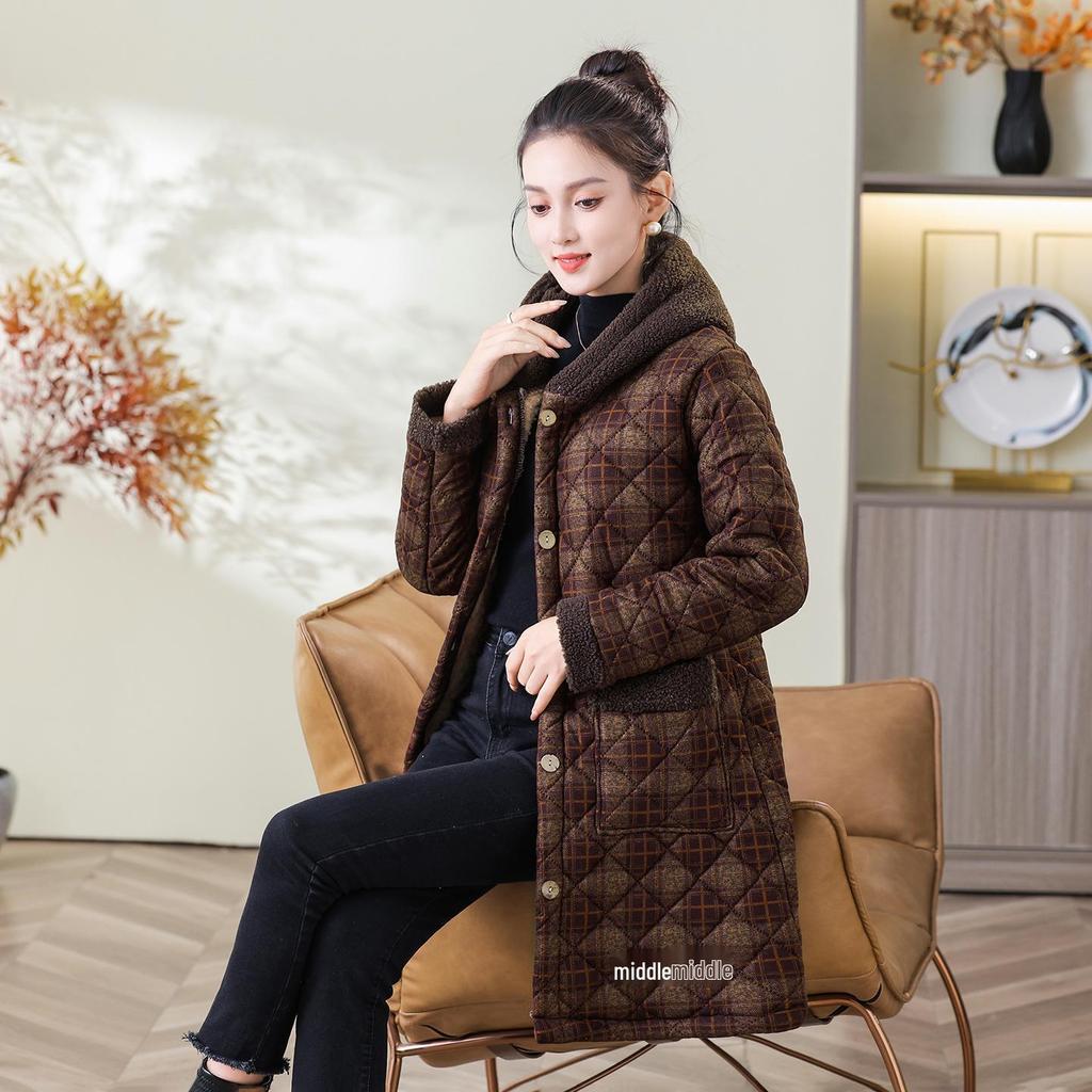 Women's Winter Hooded Plaid Cotton Jacket: Thick, Warm, Mid-Length Coat with Plus Velvet Lining