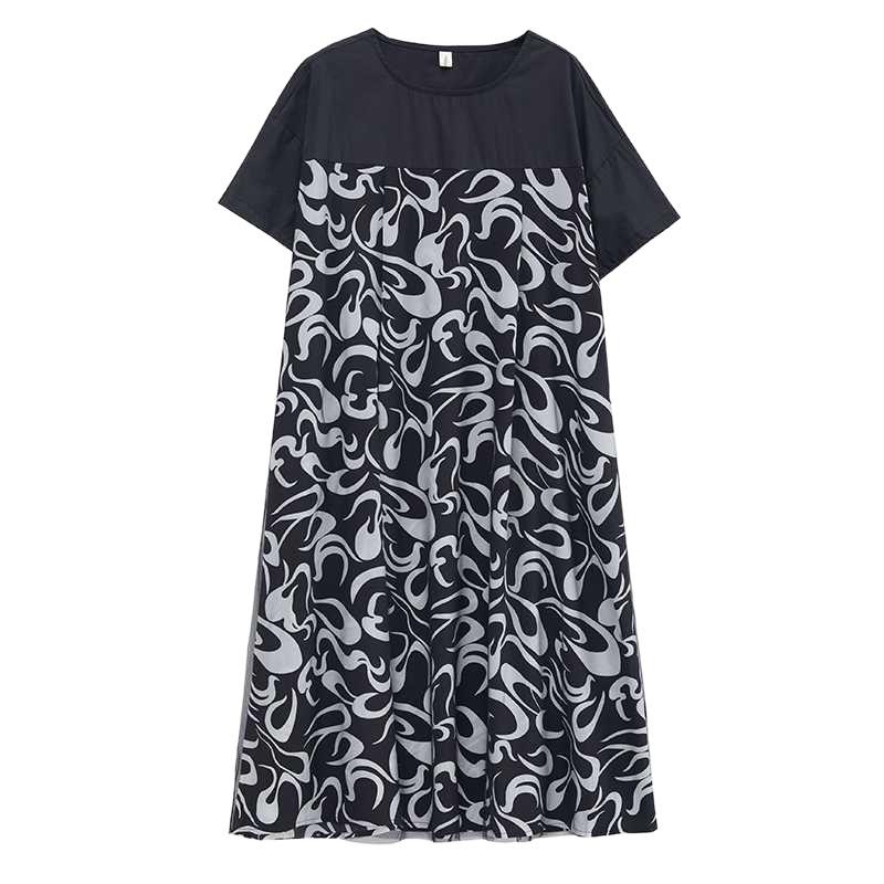 Loose Large-Sized Fashion Net Weave Patchwork Slimming Artistic Print Wide-Arm Pleated Dress