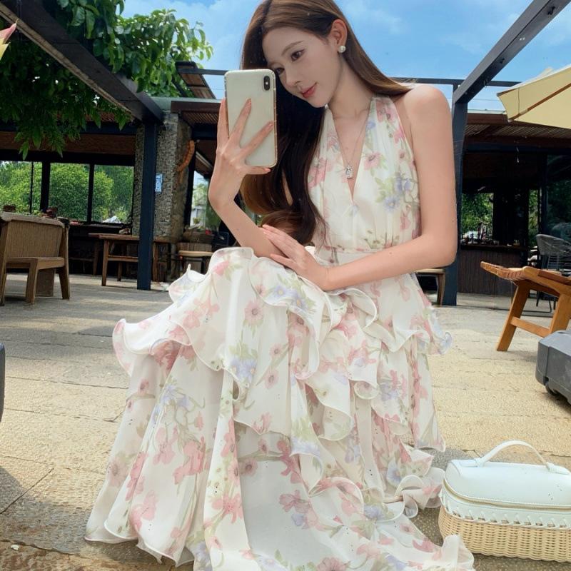 French vacation style Monet garden neck chiffon cake long dress women s V-neck dress S
