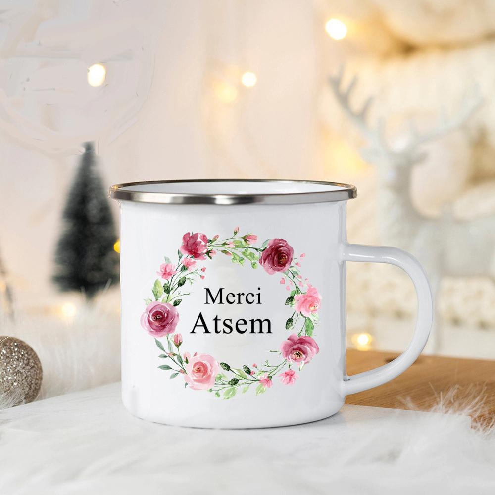 Merci Atsem In France Enamel Mugs Teacher's Day Drink Juice Coffee Dessert Cocoa Milk Handle Mug Festive Birthday Gifts