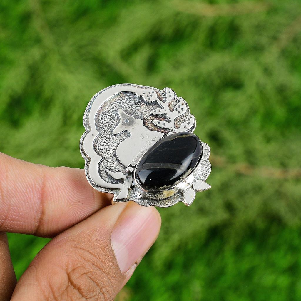 925 Sterling Silver Oval Nellite Stone Mother Anniversary Promise Ring Jewelry