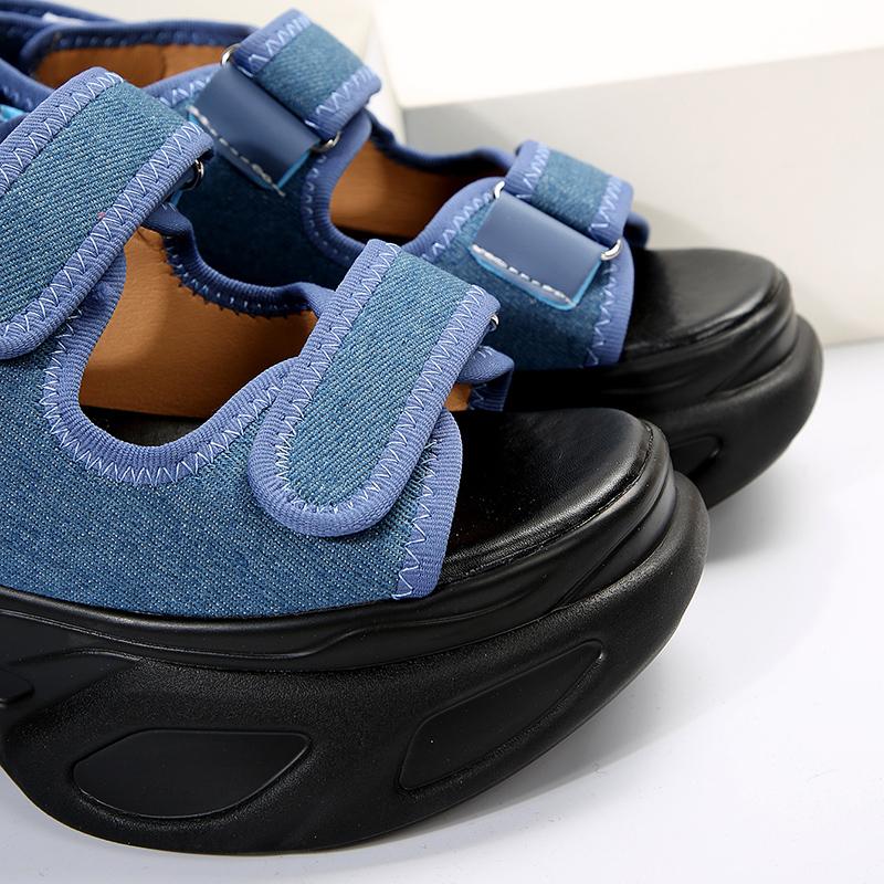 Sandalias de plataforma gruesas de mezclilla azul de moda para mujer, sandalias de cuña de talla grande para verano 2024, sandalias de mujer con gancho gótico y parte inferior gruesa, sandalias para mujer