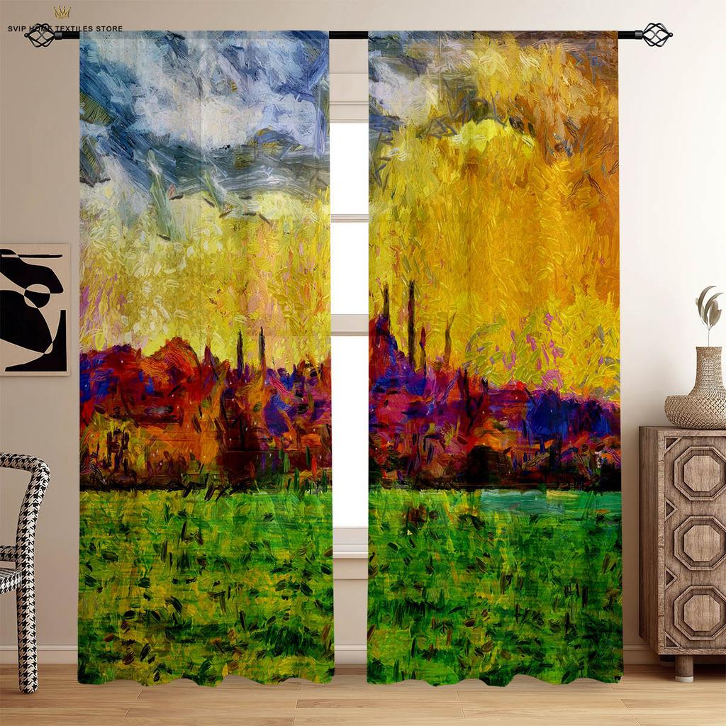 Tramonto Cielo Stellato Paesaggio Pittura a Olio Tende Stampate Camera da Letto Soggiorno Studio Dormitorio Tende Decorative 2 Pezzi