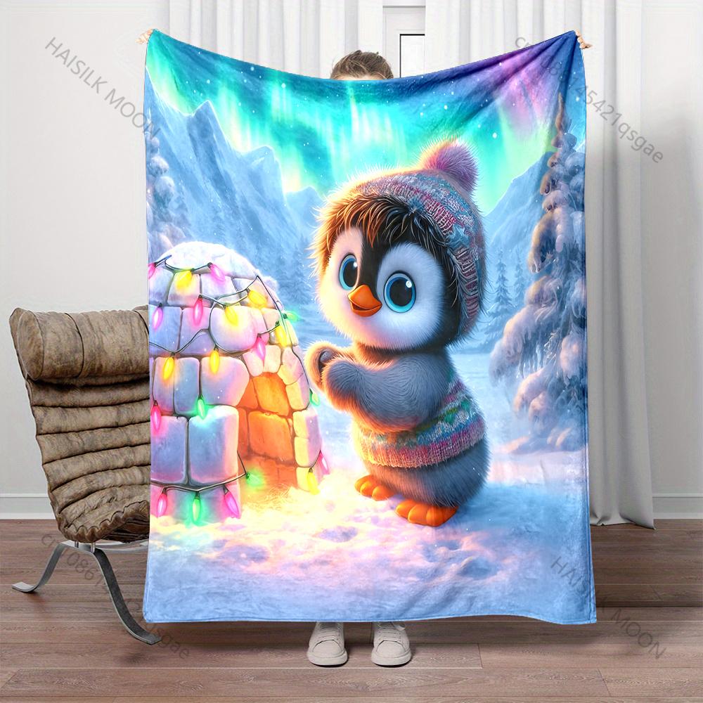 Cute Penguin and Colorful Lights Pattern Blanket Flannel Material Soft Warm for All Seasons Home Outdoor Camping Picnics RV