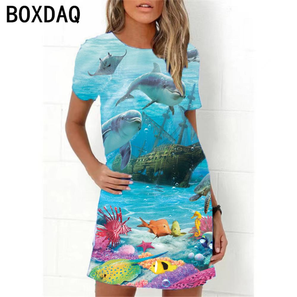 Ocean World 3D Print Dress Women New 2026 Summer Short Sleeve Cartoon Fish A-Line Dress Oversized Loose Casual Ladies Dress