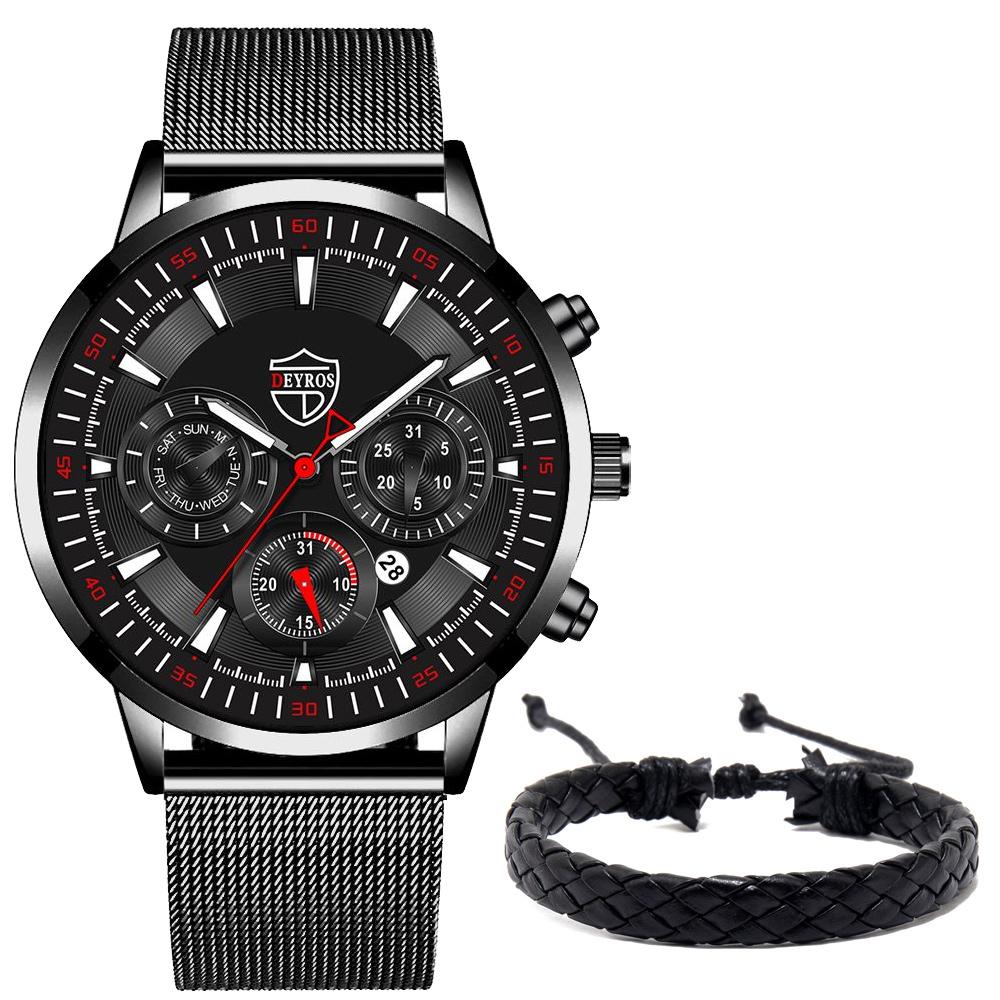 

2 шт./компл. модные мужские деловые часы, мужские наручные часы из нержавеющей стали с сетчатым ремешком, мужские повседневные кварцевые часы и браслет чёрный