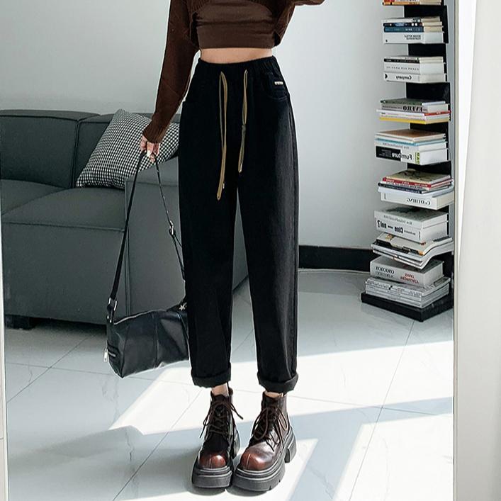 DIMANAF 2024 Autumn Women Jeans Pants Belt High Waist Elastic Buttons Basic Trousers Long Pants