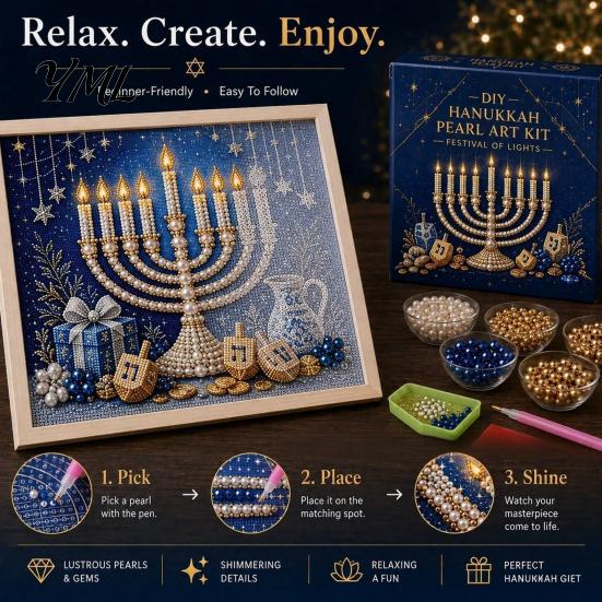Traditional Ritual Art DIY Hanukkah Pearl Kit, 3D Mosaic Bead Craft Set, Creative Diy Kit for Adults Activity Making Holiday Home Decor Desktop