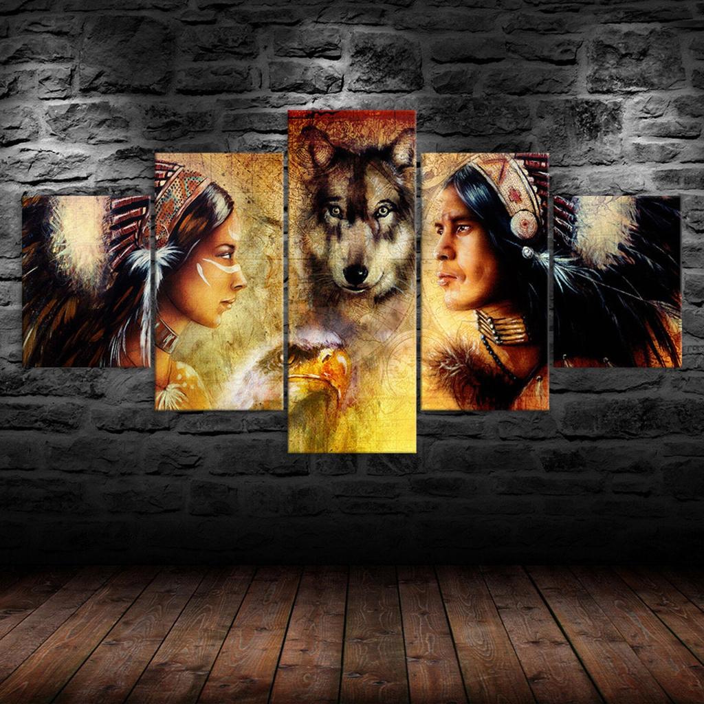 Native Indians And Wolf 5 Piece Five Panel Wall Canvas Print Modern Art Poster Picture Home Decor Gift For Him For Her