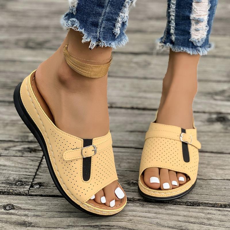 Women's Platform Cutout Slipper Peep Toe Sewn Wedge Beach Sandal