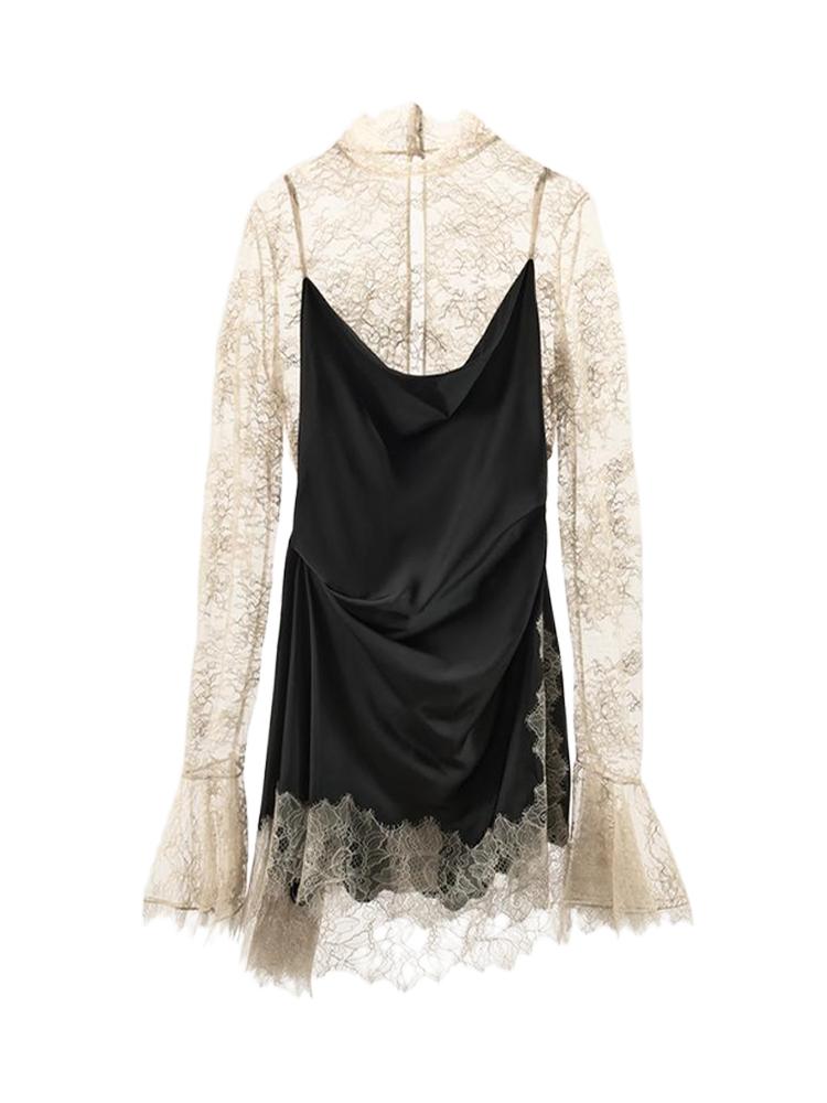 

Женское короткое платье с кружевной вставкой, Модное женское платье с цветочным принтом и рукавами-бутонами, Черное 2025 Новая коллекция XS чёрный