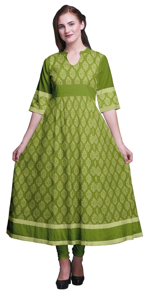 Bimba Gold Leaves & Peony Floral Printed Womens AnarkaliA  KurtiA  Kurta Flared Maxi Blouse