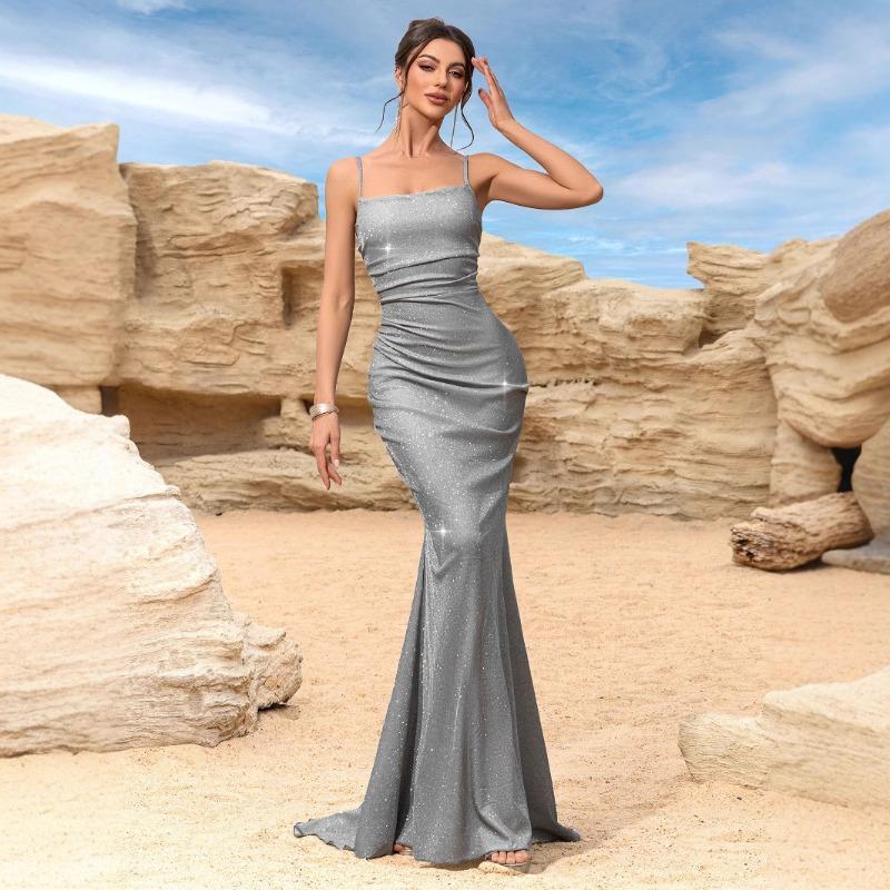 Women Sleeveless Deep V Neck Slim Fit Long Evening Dress